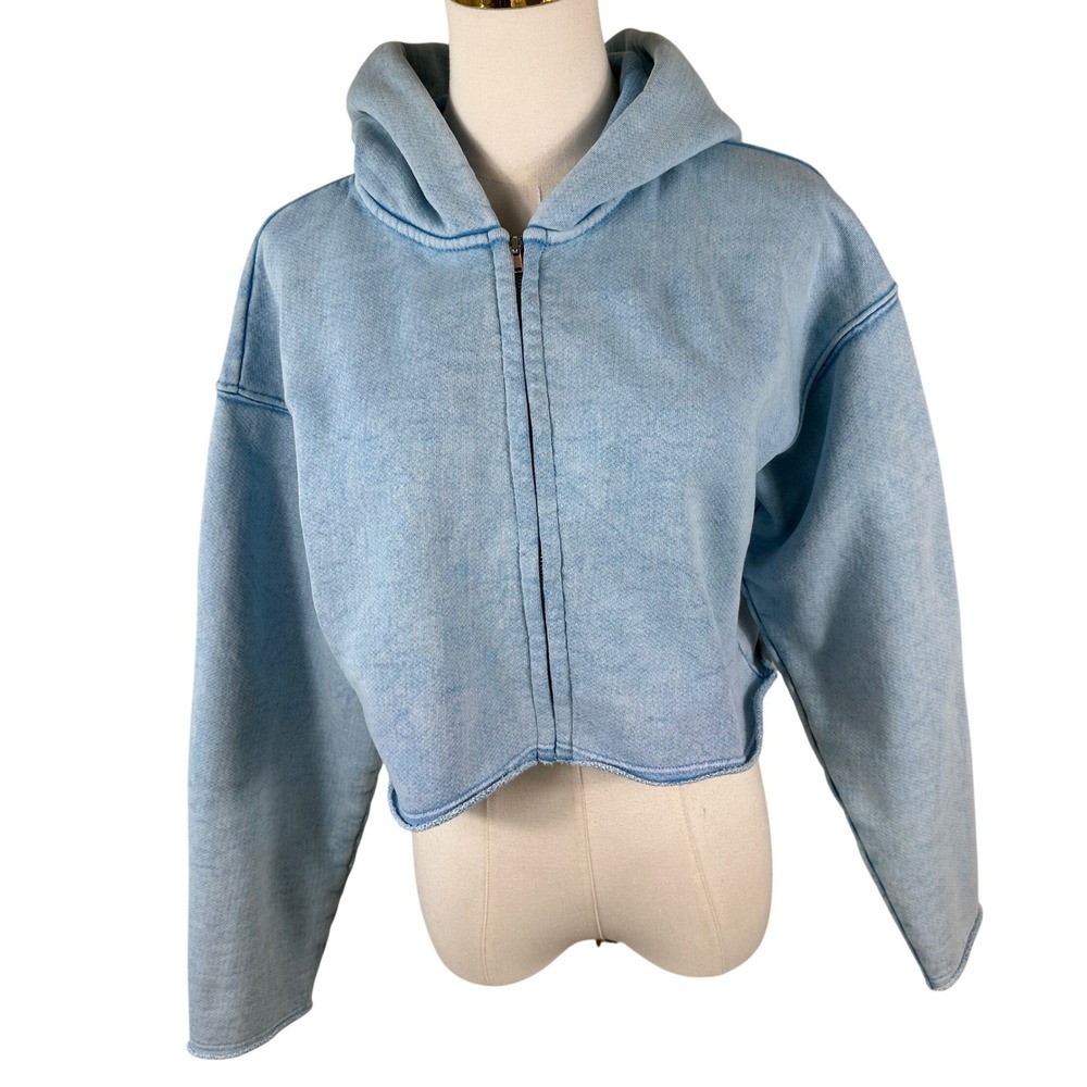 Samaria Leah Terry Hoodie Women OS Blue Acid Wash Cropped Streetwear Zip Up Top